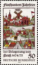 FindYourStampsValue: 500th Anniversary of the Unsuccessful Slege of Neuss by Duke Charles the Bold of Burgundy - View of Neuss, Woodcut
