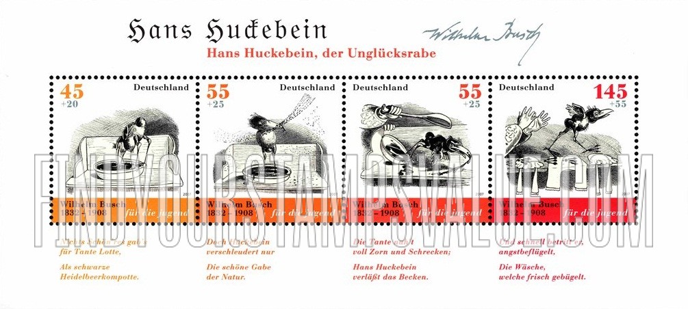 FindYourStampsValue: SEMI-POSTAL - Hans Huckelbein, der Unglücksrabe by Wilhelm Busch