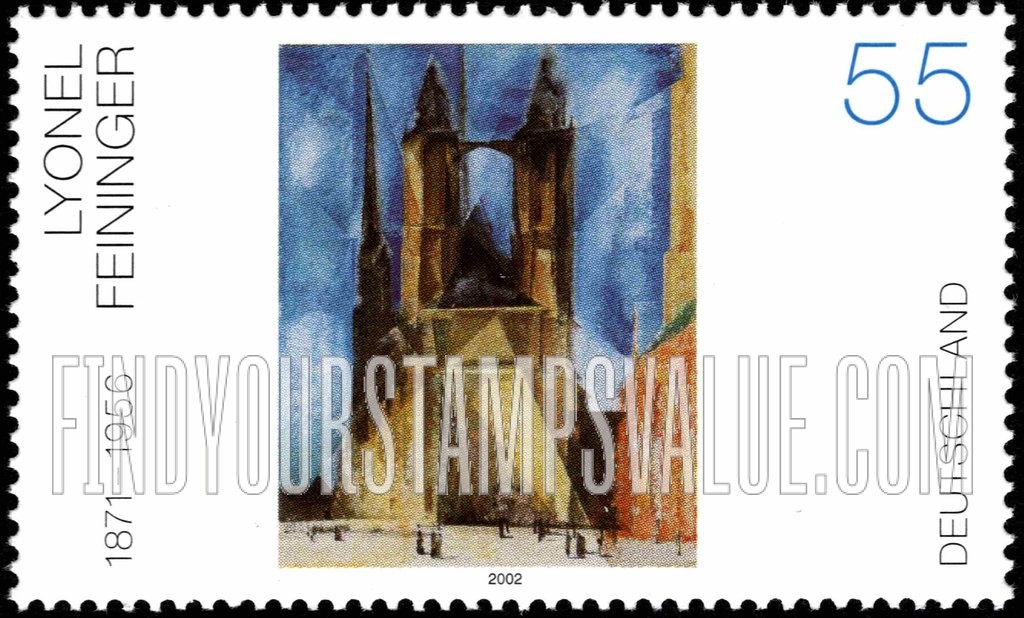 FindYourStampsValue: Halle Market Church, by Lyonel Feininger (1871-1956)