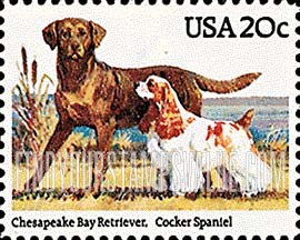 FindYourStampsValue: DOGS - Chesapeake Bay retriever and cocker spaniel
