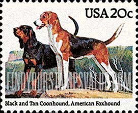 FindYourStampsValue: DOGS - Black and Tan Coonhound and American Foxhound