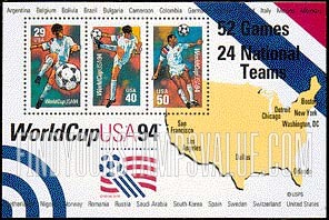 FindYourStampsValue: 1994 WORLD CUP SOCCER CHAMPIONSHIPS, Souvenir Sheet of 3 stamps