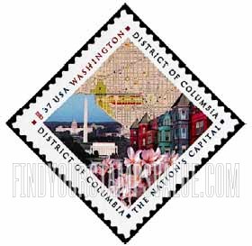 FindYourStampsValue: DISTRICT OF COLUMBIA - Map, National Mall, Row Houses and Cherry Blossoms, Self-Adhesive stamp