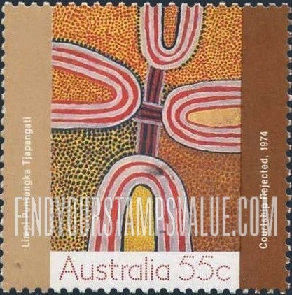 FindYourStampsValue: “Dream” Lore on Art of the Desert: Courtship Rejected, by Limpi Puntungka Tjapangati