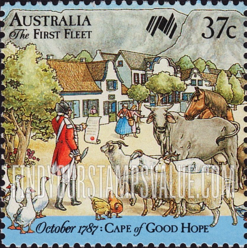 FindYourStampsValue: First Fleet arrives at Cape of Good Hope, October 1787: British officer surveys livestock and supplies, Table Mountain