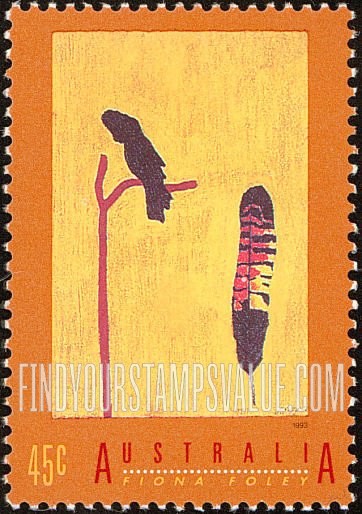 FindYourStampsValue: Aboriginal Art: Black Cockatoo Feather, by Fiona Foley, vertical