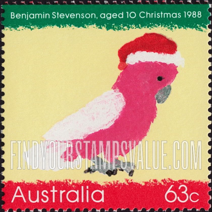 FindYourStampsValue: Christmas: Cockatoo wearing a Santa hat, by Benjamin Stevenson, age 10