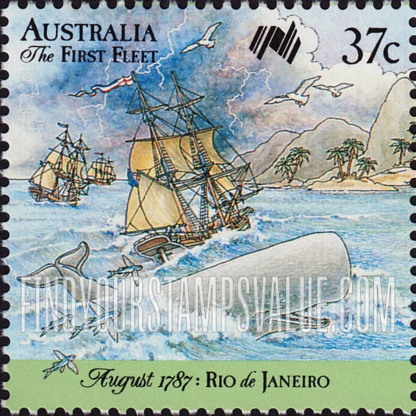 FindYourStampsValue: First Fleet arrives at Rio de Janeiro, August 1787: Whale, storm in the Atlantic