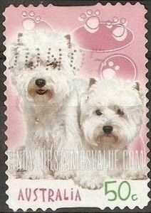 FindYourStampsValue: Cats and Dogs: West Highland terriers (paw print background)