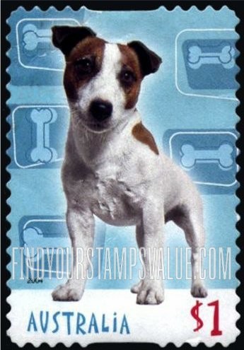 FindYourStampsValue: Cats and Dogs: Jack Russell terrier (bone background)