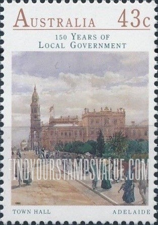 FindYourStampsValue: Local Government in Australia, 150th Anniversary: Town Hall, Adelaide