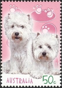 FindYourStampsValue: Cats and Dogs: West Highland terriers (paw print background)