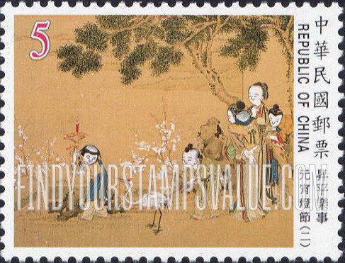 FindYourStampsValue: Ancient Chinese Painting, “Joy in Peacetime”: Boy carrying lantern, crane on leash, people under tree - 升平乐事古画: 拿着灯笼的男孩, 皮带上的鹤, 人们在树下