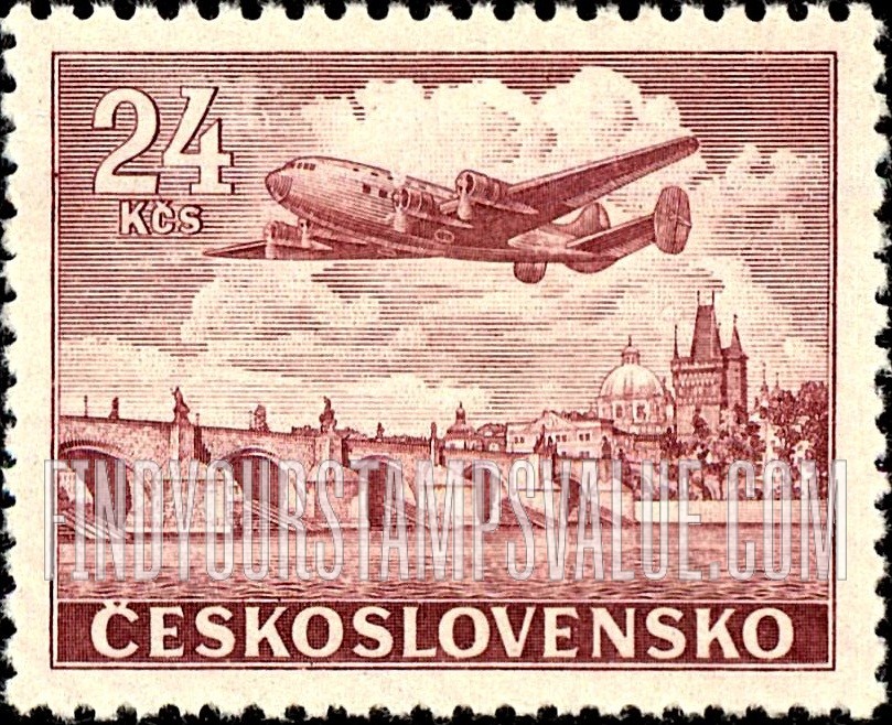 FindYourStampsValue: AIR POST STAMPS - Plane over Charles Bridge, Prague