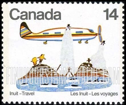 FindYourStampsValue: Plane over village, stonecut and stencil print by Pudlo