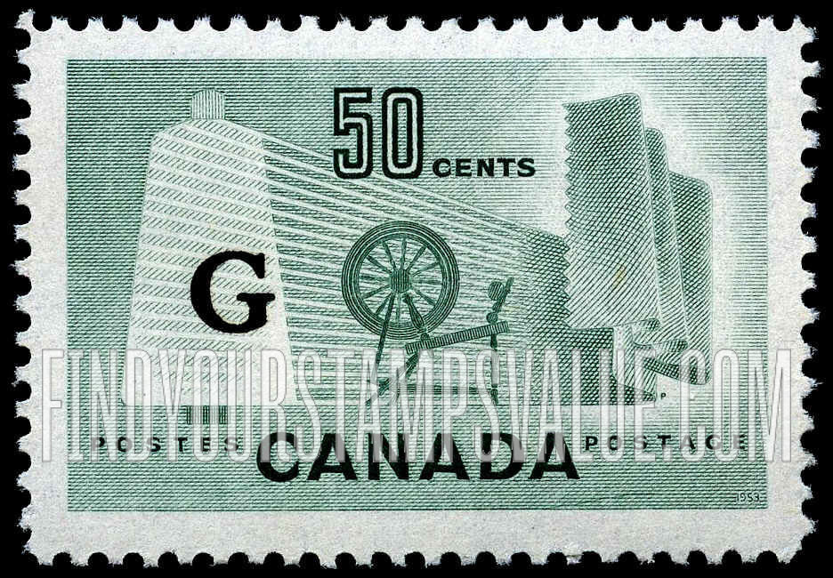FindYourStampsValue: Official Stamps - Bobbin, Cloth and Spinning Wheel overprinted in black