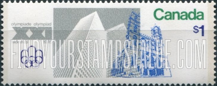 FindYourStampsValue: High-rise Tower, Notre Dame Church, Montreal, and Games’ Emblem