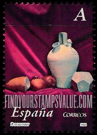 FindYourStampsValue: Ceramics in Paintings by Antonio Miguel González: Pitcher with handle at top, pentagonal dodecahedron, bread, tomatoes