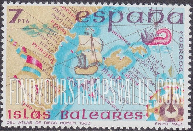 FindYourStampsValue: Map of Balearic Islands, Diego Homem’s Atlas, 1563