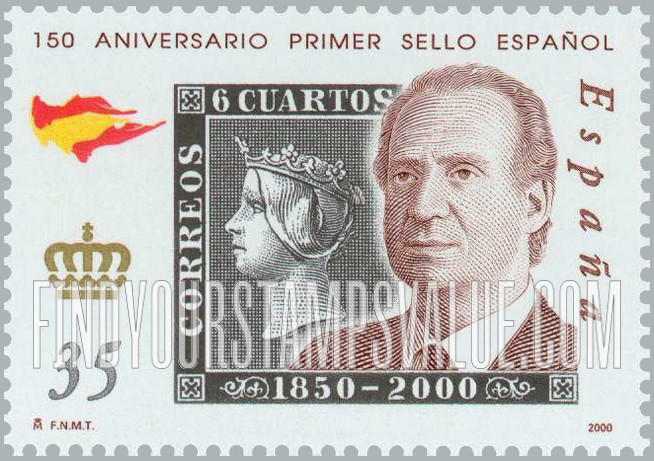 FindYourStampsValue: Spanish Postage Stamps, 150th Anniversary: King Juan Carlos, altered 6c design Queen Isabella II