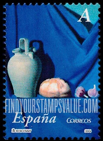 FindYourStampsValue: Ceramics in Paintings by Antonio Miguel González: Pitcher with handle at top, bread, garlic