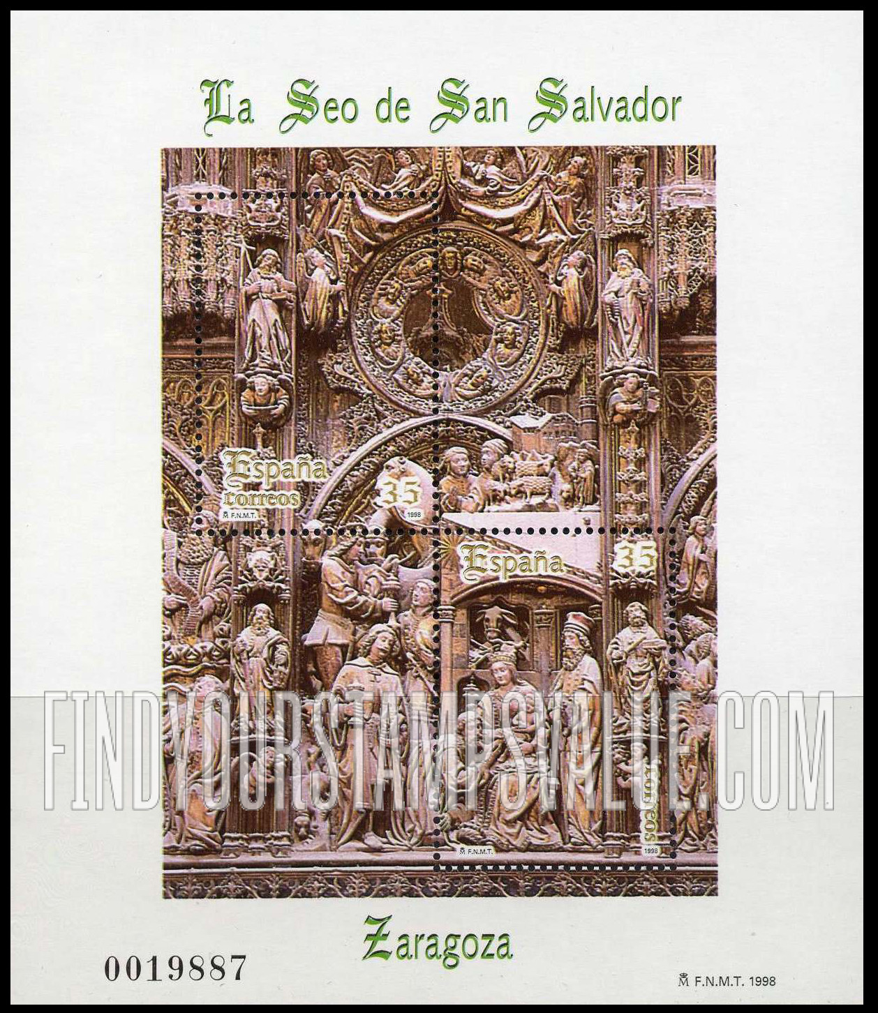 FindYourStampsValue: The Cathedral of San Salvador, Zaragoza (Details from Altarpiece: Holding cross angel, Holy family)