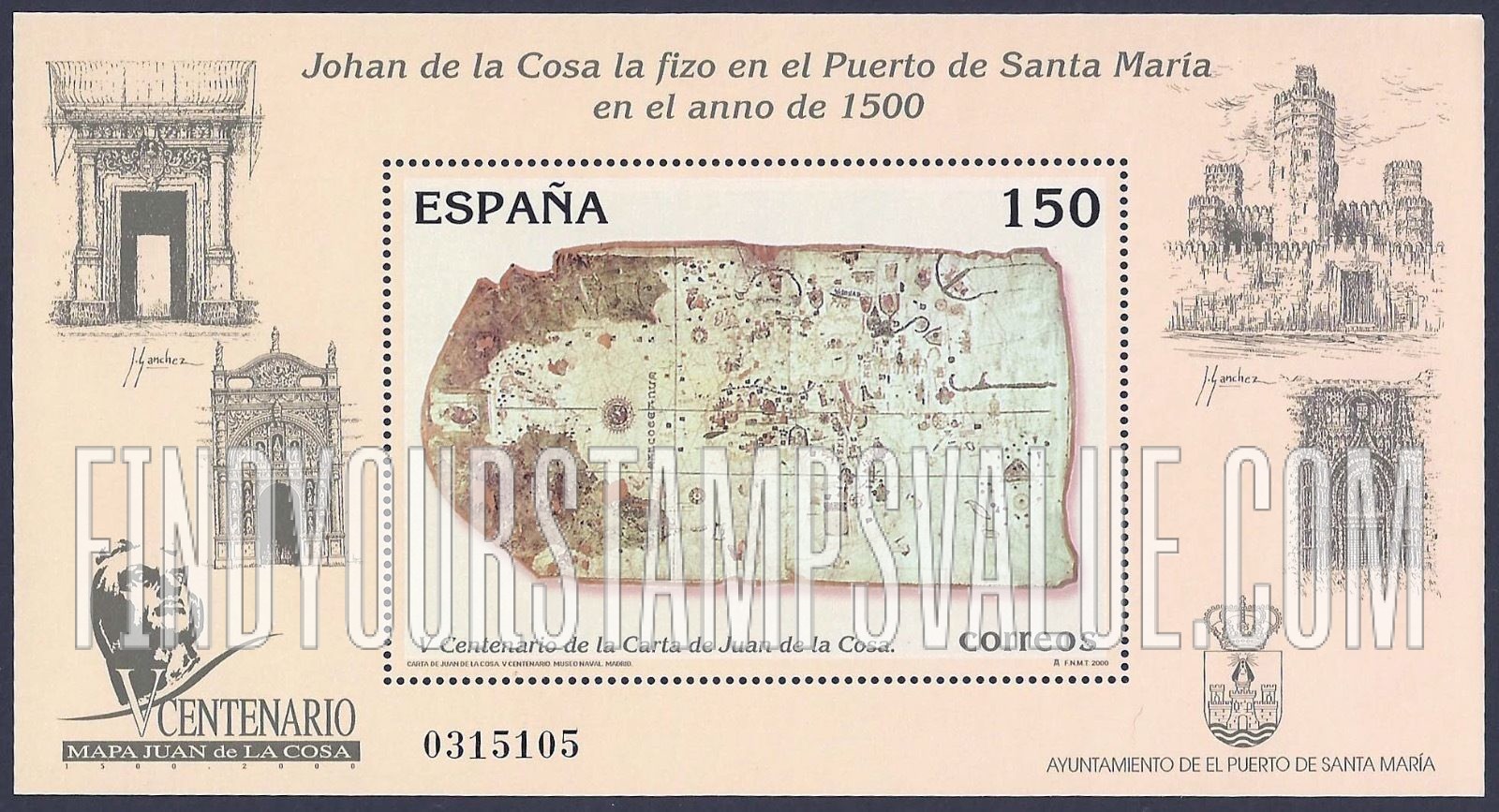 FindYourStampsValue: World Map of Juan de la Cosa, 500th Anniversary