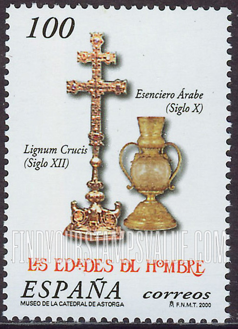 FindYourStampsValue: “Age of Man” Exhibition, Astorga: Cross, Arab perfume bottle