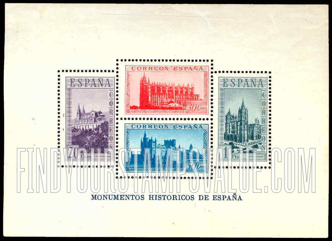 FindYourStampsValue: Semi-Postal: Spanish State, Covadongas Cathedral, Palma Cathedral, Majorca, Alcazar of Segovia, Leon Cathedral