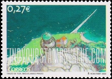 FindYourStampsValue: School Letter Writing Campaign. Scenes from comic strip Trazo de Tiza, by Miguelanxo Prado: Aerial view of lighthouse