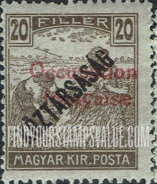 FindYourStampsValue: OCCUPATION STAMPS - Harvesting Wheat: Overprinted “Koztarsasag”