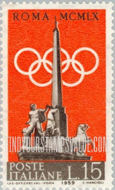 FindYourStampsValue: Fountain of Dioscuri and Olympic Rings: Designs in Dark Sepia