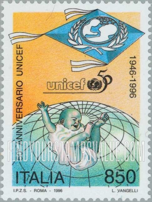 FindYourStampsValue: Unicef 50th Anniversary, baby, globe, emblem