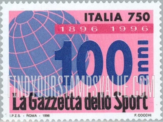 FindYourStampsValue: La Gazzetta dello Sport, centennial horizontal: Globe, “100”