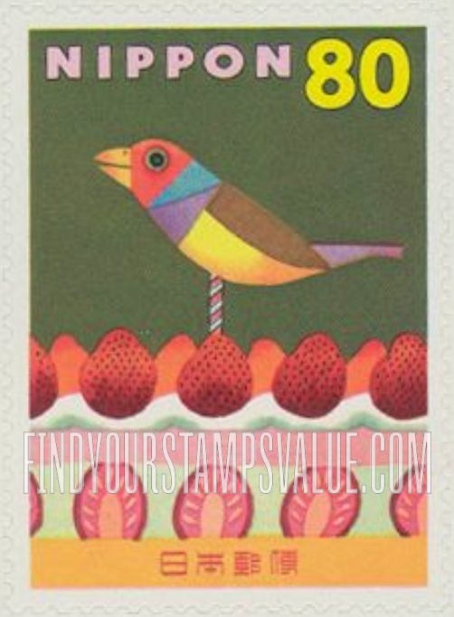 FindYourStampsValue: Greetings: Bird and strawberries - 03年グリーティング「赤」：鳥といちご