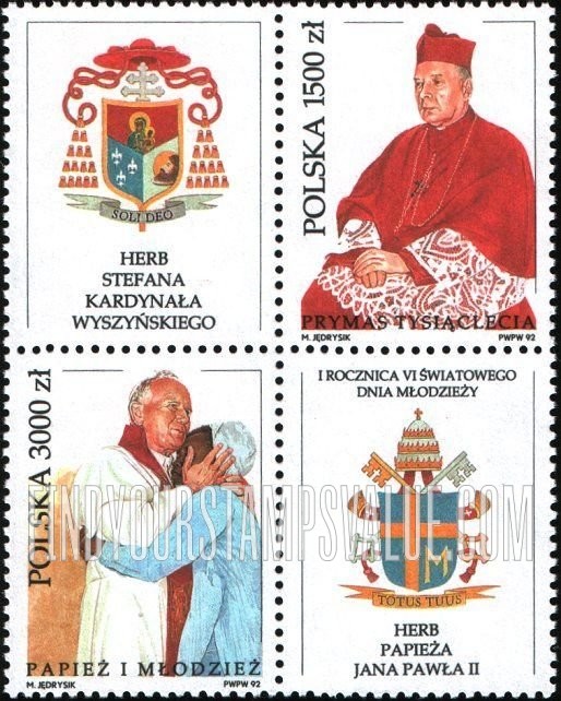 FindYourStampsValue: Stefan Cardinal Wyszynski and Pope John Paul II embracing person