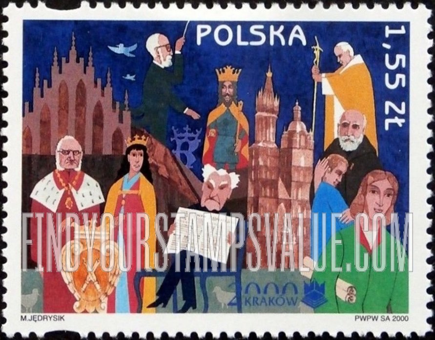 FindYourStampsValue: Cracow, 2000 European City of Culture: Queen Jadwiga, J´ozef Dietl, Krzystof Penderecki, Casimir the Great, Pope John Paul II, Jerzy Turowicz, Brother Albert, Copernicus, Collegium Maius and St. Mary’s Church