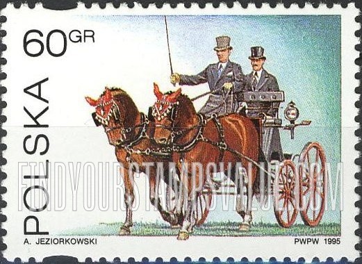 FindYourStampsValue: Horse-Equipage Driving World Championships, Poznan: Horses pulling carriage, men in formal attire