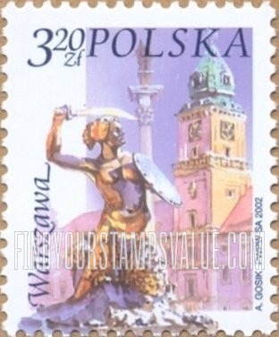 FindYourStampsValue: City Landmarks: Mermaid monument, Royal Palace, Warsaw