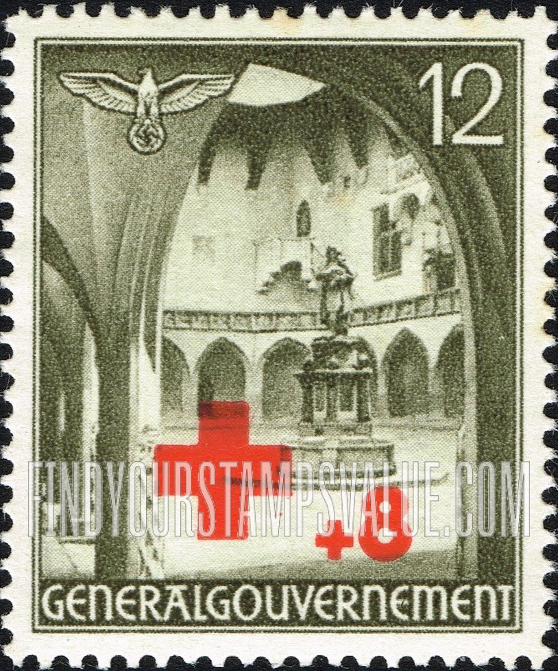 FindYourStampsValue: OCCUPATION SEMI-POSTAL - Types of 1940 Occupation Postage Stamps Surcharged in Red: Courtyard and statue of Copernicus