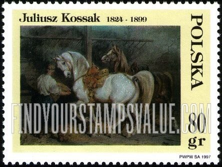 FindYourStampsValue: Paintings, by Juliusz Kossak (1824-99): Feeding horses in stable