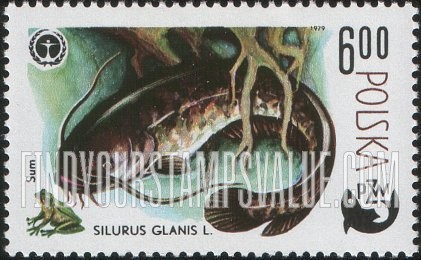 FindYourStampsValue: Fish and Environmental Protection Emblem: Catfish and frog