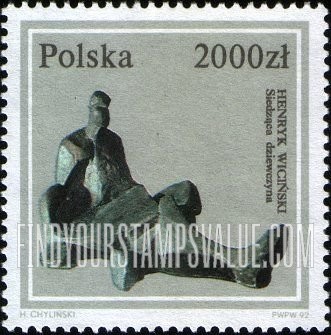FindYourStampsValue: Polish Sculptures, National Museum, Warsaw: Seated Girl, by Henryk Wicinski