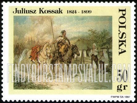 FindYourStampsValue: Paintings, by Juliusz Kossak (1824-99): Man on horse, woman, child