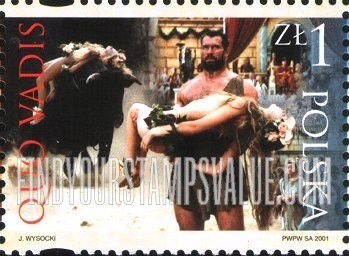 FindYourStampsValue: Premiere of Movie “Quo Vadis,” Directed by Jerzy Kawalerowicz: Ligia tied to back of aurochs, Ursus holding Ligia (red and white inscriptions)