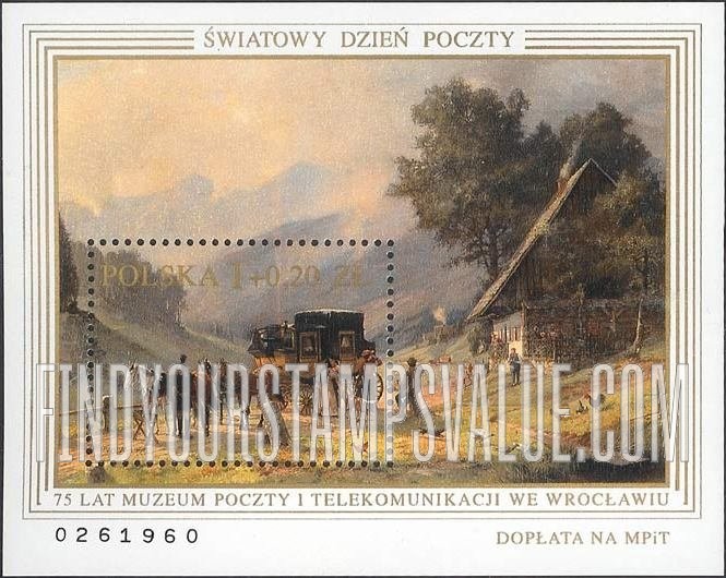 FindYourStampsValue: Post and Telecommunications Museum, Wroclaw, 75th Anniversary: Stagecoach in Jagniatkowo, by Professor Täger