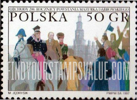 FindYourStampsValue: Polish National Anthem, Bicentennial: People in city waving hats at General Jan Henryk Dabrowski
