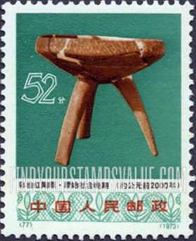 FindYourStampsValue: Excavated Works of Art: Painted red clay tripod - 文化大革命期间出土文物{:  彩绘红陶鼎, 原始社会晚期 （公元前2000年）