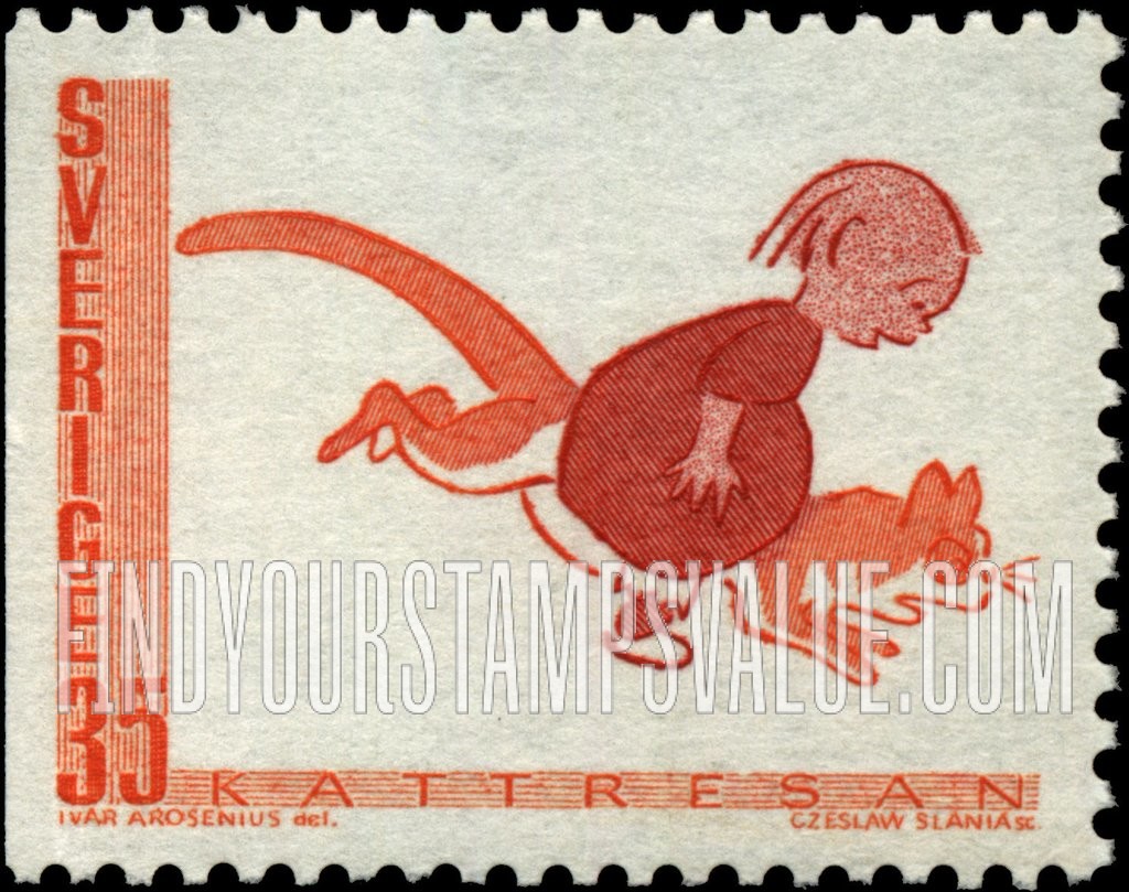 FindYourStampsValue: Kattresan (child riding on back of cat)