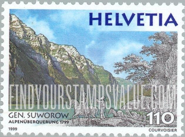FindYourStampsValue: Federal Administration, Field Marshal Aleksandr Suvorov’s Alpine Campaign, 200th Anniversary: Suvorov’s vanguard by Lake Klöntal